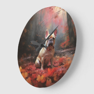 French Bulldog  in Autumn Leaves Fall Inspire  Large Clock