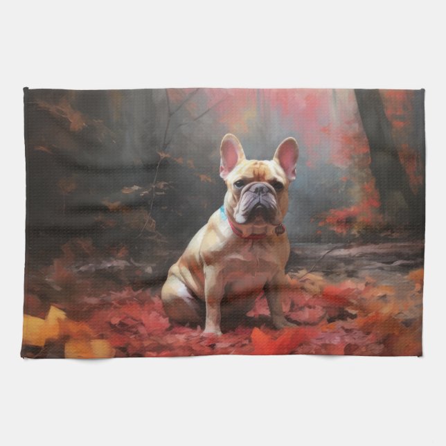 French Bulldog  in Autumn Leaves Fall Inspire  Tea Towel (Horizontal)