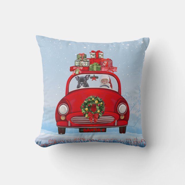 French Bulldog In Car With Santa Claus Cushion (Front)