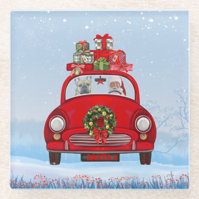 French Bulldog In Car With Santa Claus  Glass Coaster (Front)