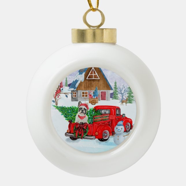 French Bulldog In Christmas Delivery Truck Snow Ceramic Ball Christmas Ornament (Front)