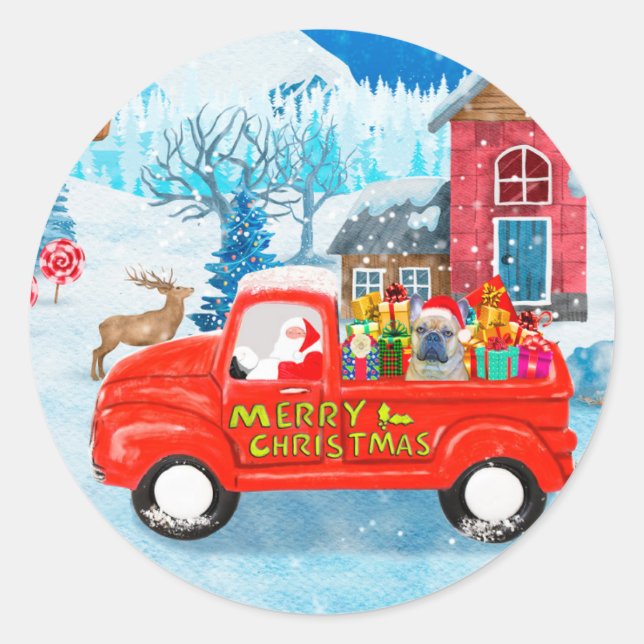 French Bulldog in Christmas Delivery Truck Snow  Classic Round Sticker (Front)
