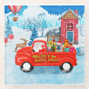 French Bulldog in Christmas Delivery Truck Snow Glass Coaster