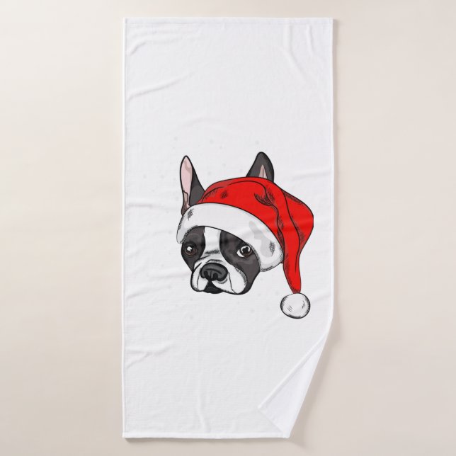 French bulldog in christmas hat   bath towel (Bath Towel)