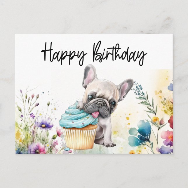 French Bulldog in Flower Field Birthday Postcard (Front)