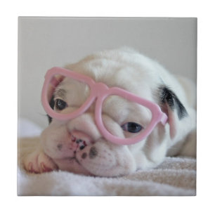 French Bulldog in Heart Glasses Ceramic Tile
