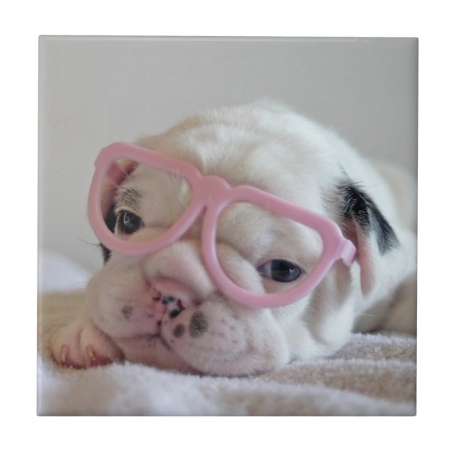 French Bulldog in Heart Glasses Ceramic Tile (Front)