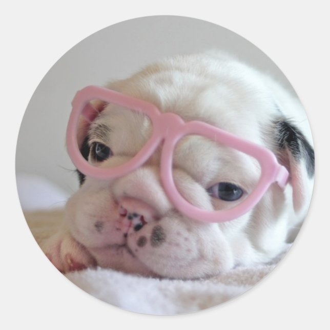 French Bulldog in Heart Glasses Classic Round Sticker (Front)