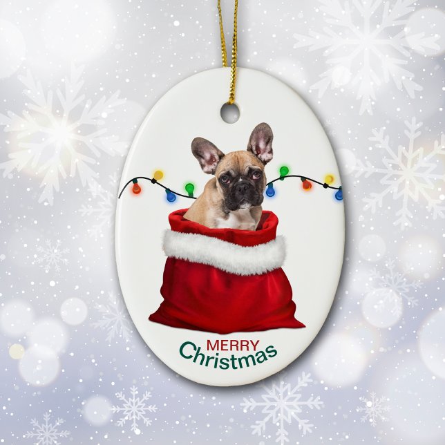 French Bulldog in Holiday Gift Bag Ceramic Ornamen Ceramic Ornament (Creator Uploaded)