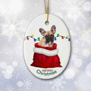 French Bulldog in Holiday Gift Bag Ceramic Ornamen Ornament