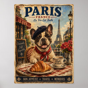 French Bulldog in Paris Vintage Travel Poster