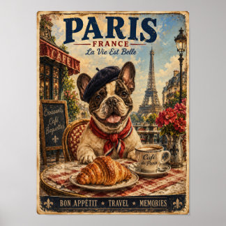 French Bulldog in Paris Vintage Travel Poster