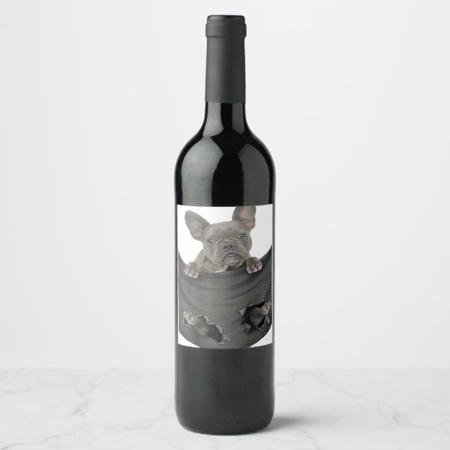 French Bulldog In Pocket Puppy Cute Dog Wine Label (Front)