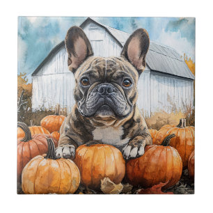 French Bulldog in Pumpkin Patch Ceramic Tile
