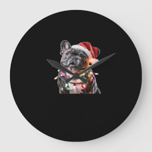 French Bulldog in Santa Hat Wrapped in Christmas L Large Clock