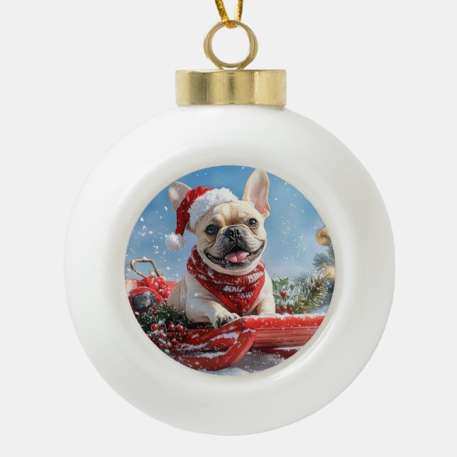 French Bulldog in Sledge Let it Snow Christmas Ceramic Ball Christmas Ornament (Front)