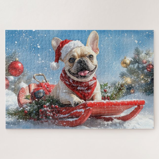 French Bulldog in Sledge Let it Snow Christmas Jigsaw Puzzle (Horizontal)