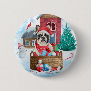 French Bulldog In snow Christmas Dog House 6 Cm Round Badge