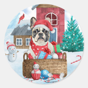 French Bulldog In snow Christmas Dog House Classic Round Sticker