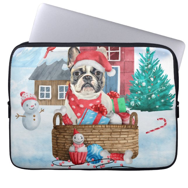 French Bulldog In snow Christmas Dog House Laptop Sleeve (Front)
