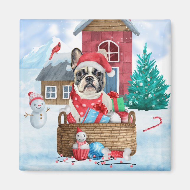 French Bulldog In snow Christmas Dog House Magnet (Front)