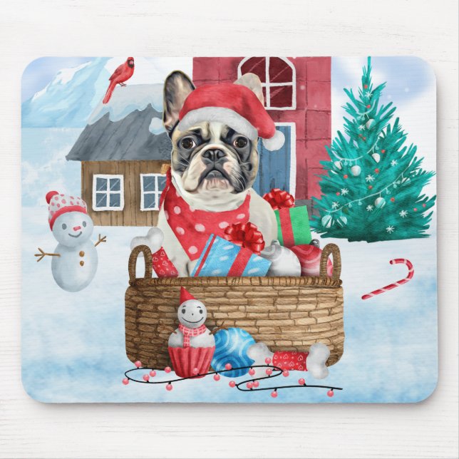 French Bulldog In snow Christmas Dog House Mouse Pad (Front)