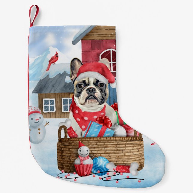 French Bulldog In snow Christmas Dog House Small Christmas Stocking (Front)