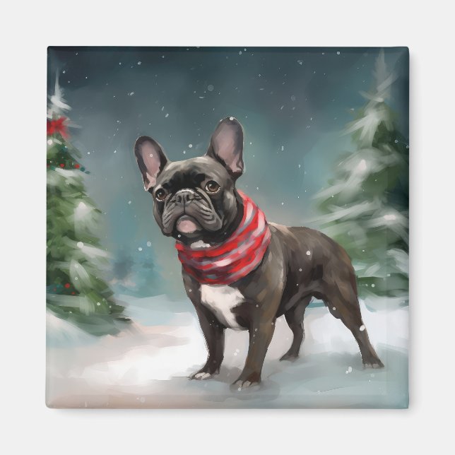French Bulldog in Snow Christmas Magnet (Front)