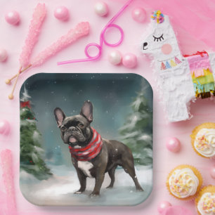 French Bulldog in Snow Christmas Paper Plate