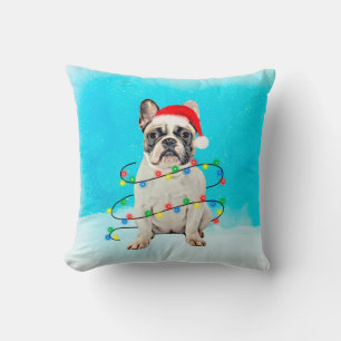 French Bulldog in Snow Christmas Santa Hat Cushion