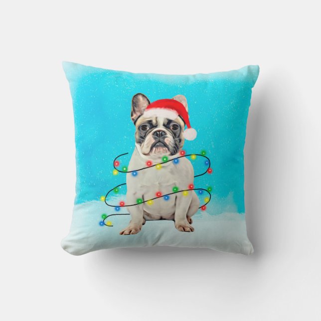 French Bulldog in Snow Christmas Santa Hat Cushion (Front)