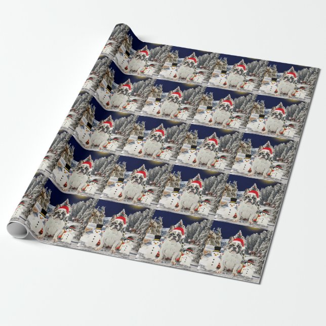 French Bulldog in Snow Christmas Santa Hat Wrapping Paper (Unrolled)