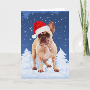 French Bulldog in Snow Christmas w Santa Hat Holiday Card