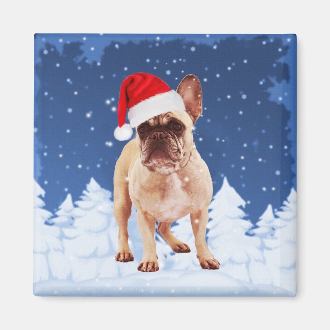 French Bulldog in Snow Christmas w Santa Hat Magnet (Front)