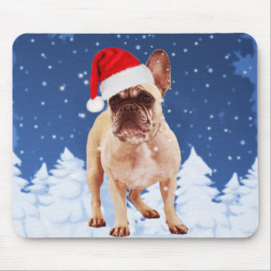 French Bulldog in Snow Christmas w Santa Hat Mouse Pad