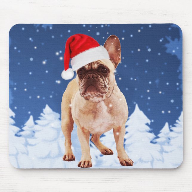 French Bulldog in Snow Christmas w Santa Hat Mouse Pad (Front)