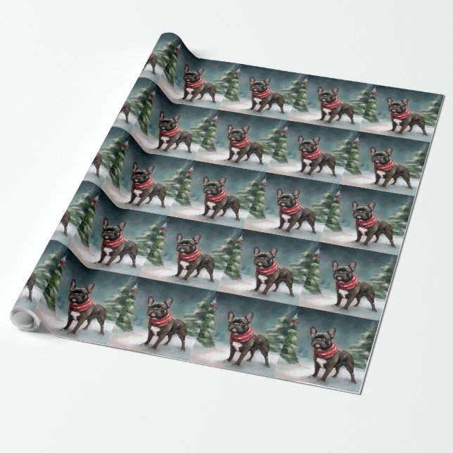 French Bulldog in Snow Christmas Wrapping Paper (Unrolled)