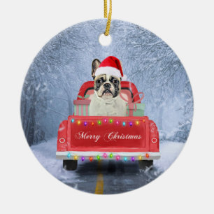 French Bulldog in Snow sitting in Christmas Truck Ceramic Ornament
