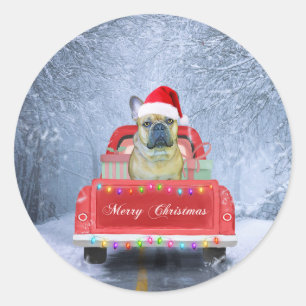 French Bulldog in Snow sitting in Christmas Truck Classic Round Sticker