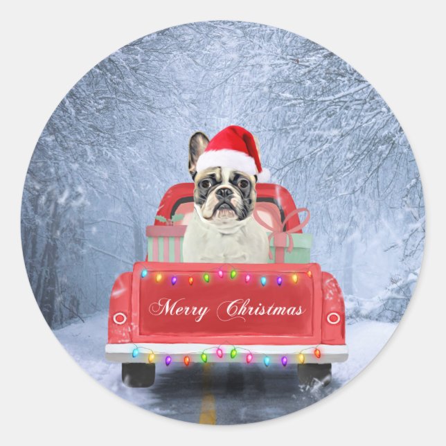 French Bulldog in Snow sitting in Christmas Truck  Classic Round Sticker (Front)