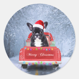 French Bulldog in Snow sitting in Christmas Truck  Classic Round Sticker