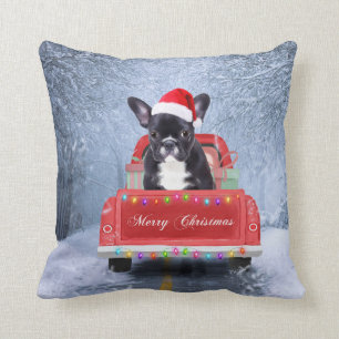 French Bulldog in Snow sitting in Christmas Truck Cushion