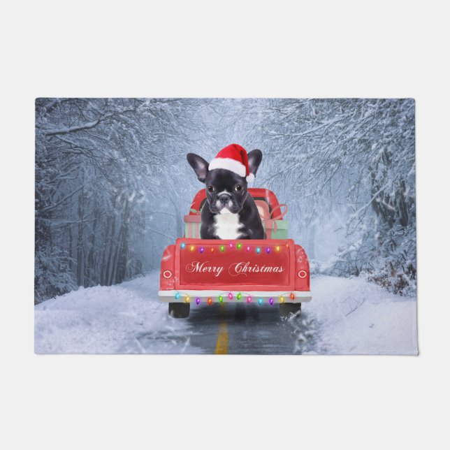 French Bulldog in Snow sitting in Christmas Truck Doormat (Front)