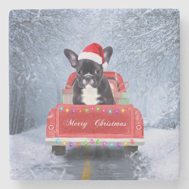 French Bulldog in Snow sitting in Christmas Truck Stone Coaster (Front)