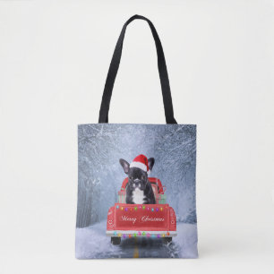 French Bulldog in Snow sitting in Christmas Truck Tote Bag