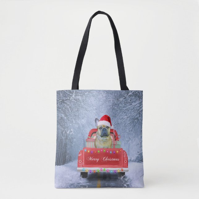 French Bulldog in Snow sitting in Christmas Truck Tote Bag (Front)