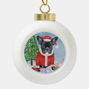 French Bulldog in Snow with Christmas Gifts Ceramic Ball Christmas Ornament