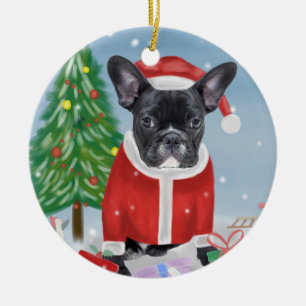 French Bulldog  in Snow with Christmas Gifts  Ceramic Ornament