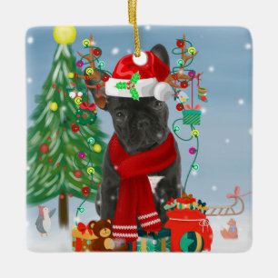 French Bulldog in Snow with Christmas Gifts Ceramic Ornament