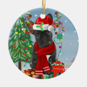 French Bulldog  in Snow with Christmas Gifts  Ceramic Ornament